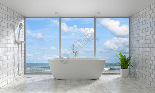慢门海景海景和蓝天的浴室内部浴缸3D渲染设计图片