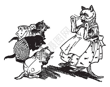 三只小猫在母猫面前古老的线条插画