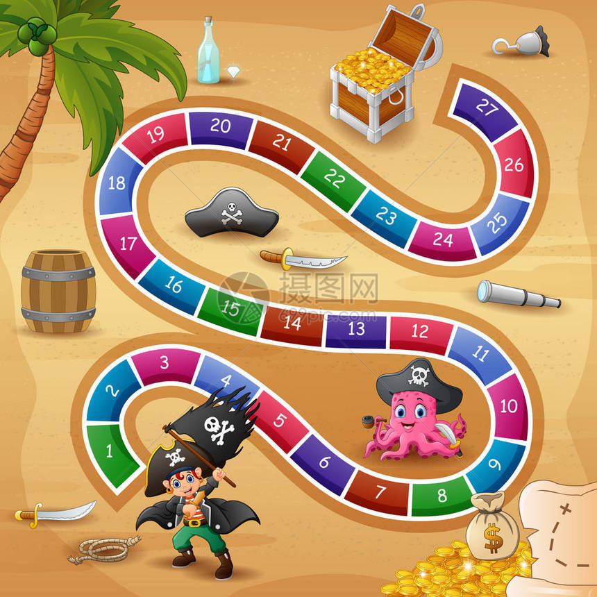 蛇和梯子游戏海盗主题的矢量插图图片