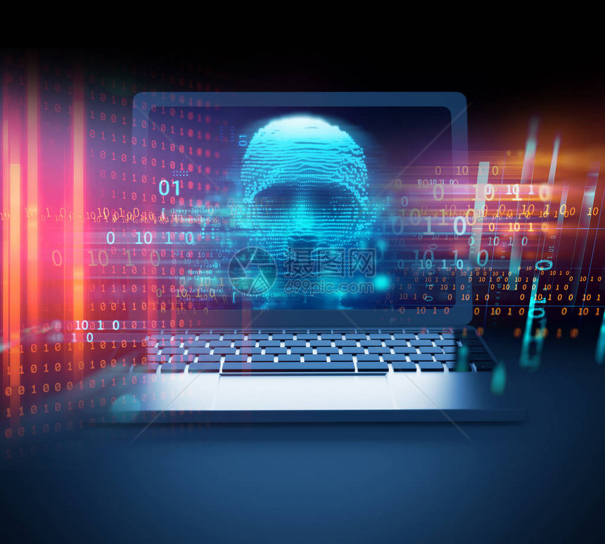 笔记本电脑屏幕上的数字人类黑客代表了网络犯罪黑客图片