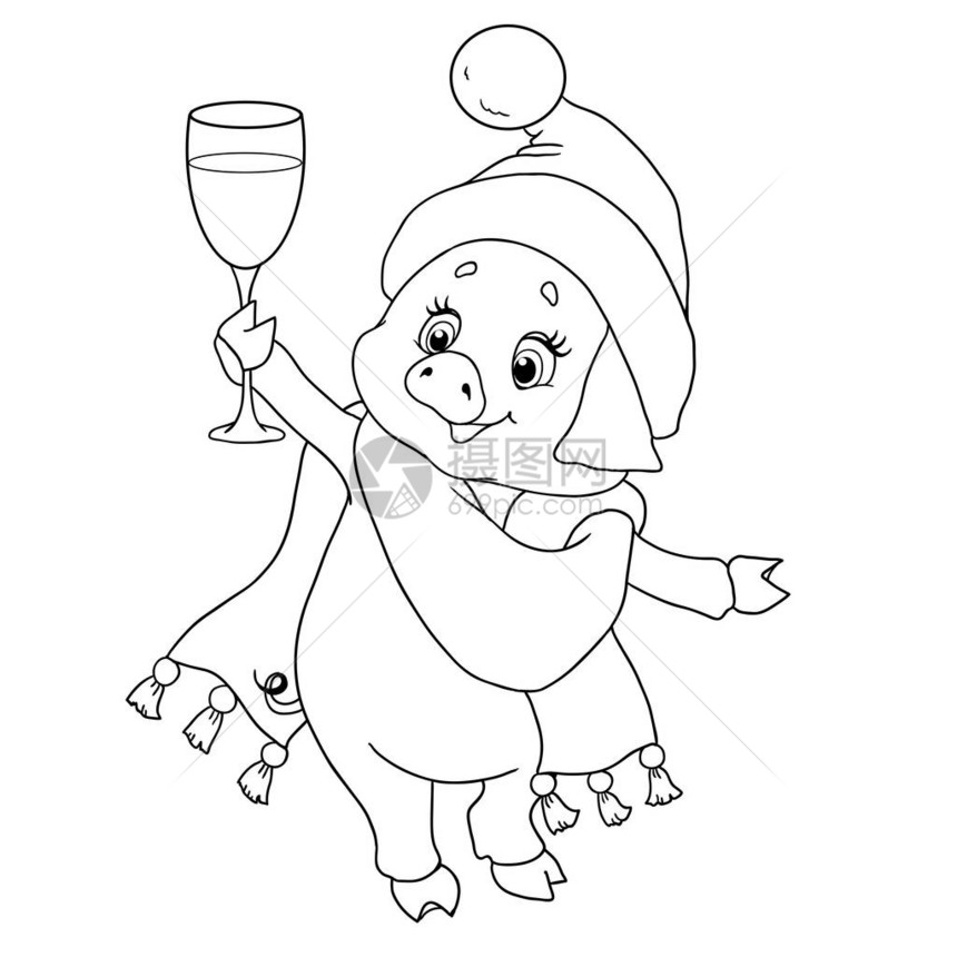 一个甜美的猪品配着香槟的小猪和星座矢量新年快乐Zodi图片