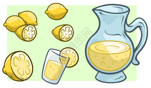 装有新鲜柠檬汁玻璃和切片柠檬的卡通罐或投瓶器图片