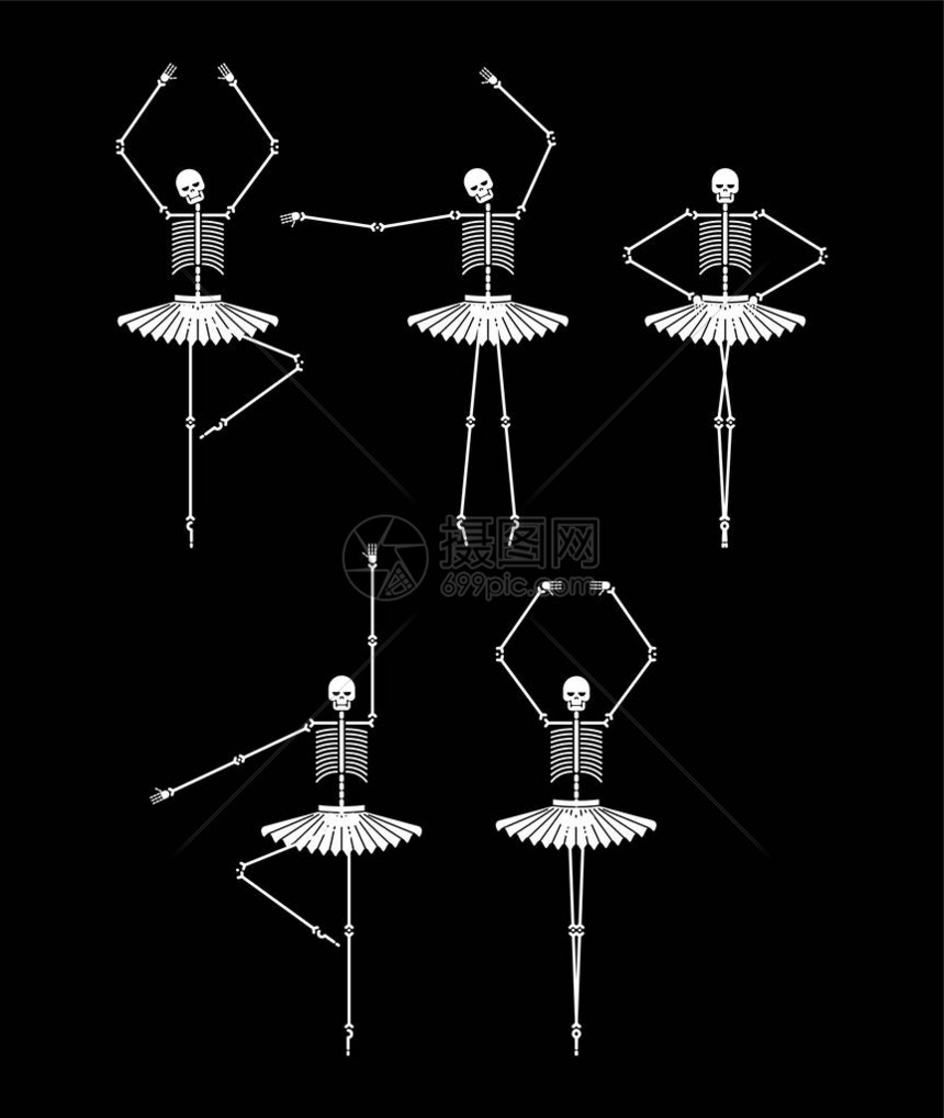 骷髅芭蕾舞演员套装骷髅和骨头芭蕾万圣节矢量图图片