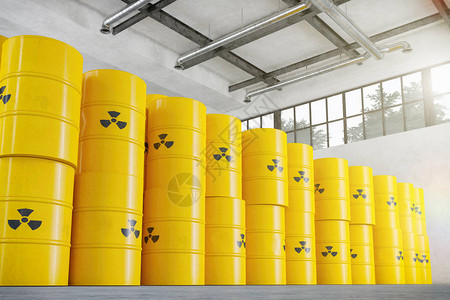 核电的反对者有许多原子桶的仓库的3d渲染设计图片