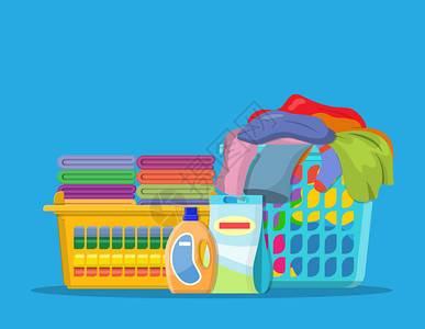 洗衣床单或篮子和洗涤剂中的衣物清洁或清洗服务概念图片