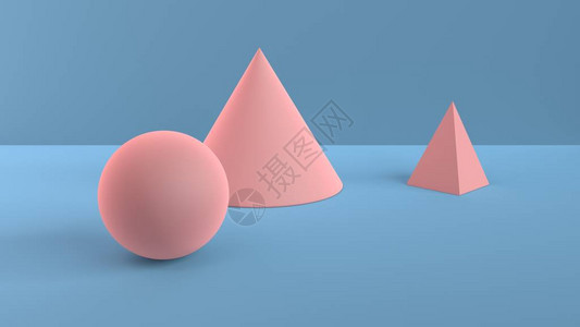时尚百搭几何形状的抽象场景球锥和金字塔柔和的粉红色蓝色背景的3D场景中的柔和环境光设计图片
