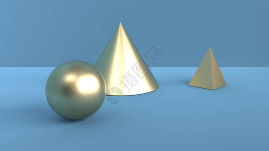 时尚百搭几何形状的抽象场景金色的球锥体和金字塔蓝色背景的3D场景中的柔和环境光设计图片
