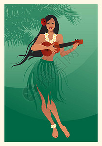 弹尤克里美丽而微笑的夏威夷女孩插画