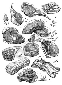 新鲜肉类制品黑墨和图片