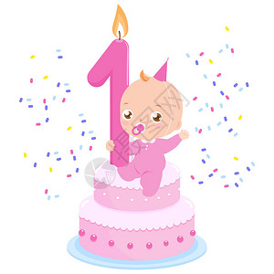 生日蛋糕上的宝贝女孩庆祝她的第一个生图片