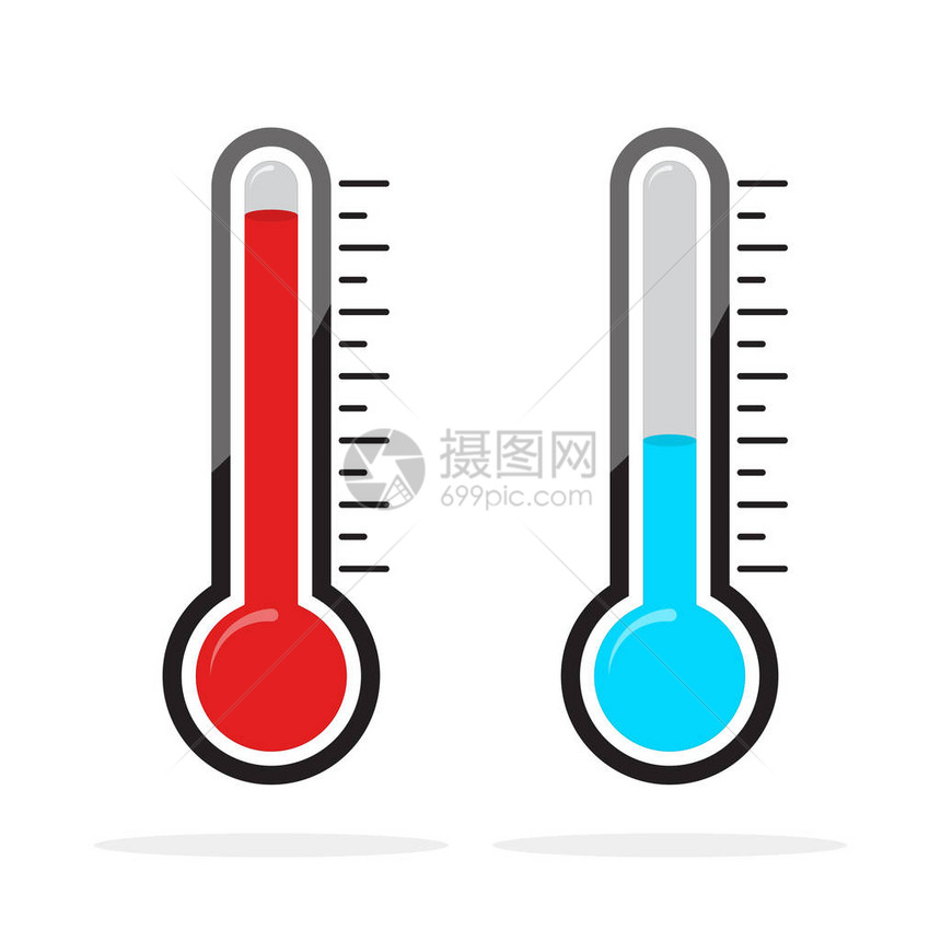 不同级别温度计图标矢量图示蓝色和红色温度计指标图片