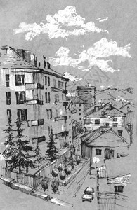 手头上的城市景观绘制了墨水线风格旧城街道的白色背景草图片