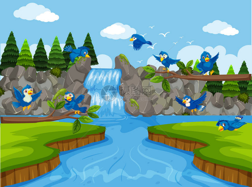 瀑布场景插图中的蓝鸟图片