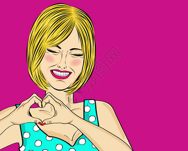 金发碧眼的波普艺术女人用手做心脏标志漫画女人钉住女孩积极的人类情背景图片