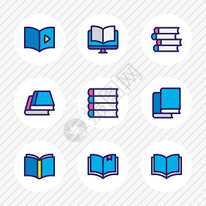 9本书阅读图标彩色线的矢量插图可编辑的教科书图书馆有声读物和其背景图片