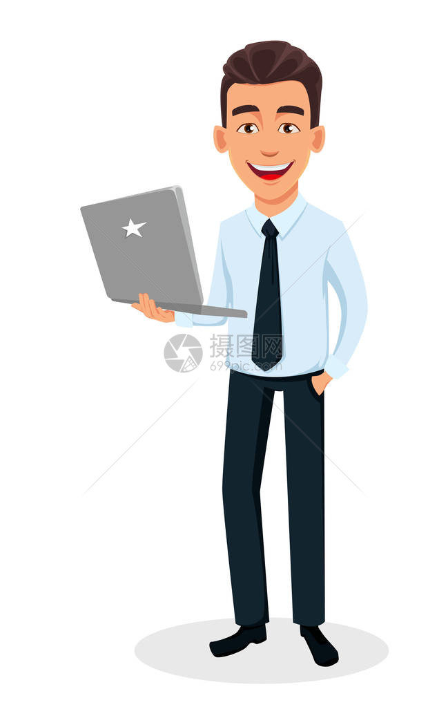拿着现代膝上型计算机的商人卡通人物年轻英俊的微笑商人在办公室风格的衣图片