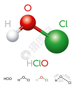 盐酸次氯酸分子模型化学式球棒模型几何结构和结构式弱酸和消毒剂白色背景上设计图片