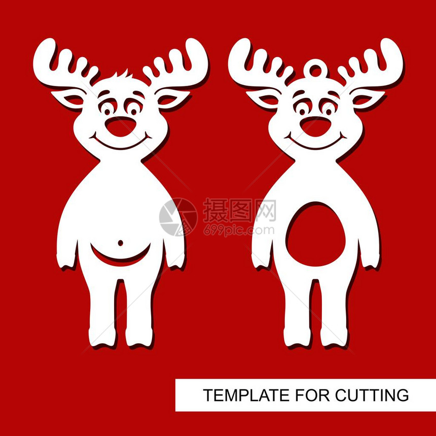 一套圣诞装饰品有趣的玩具鹿驯鹿剪影用于激光切割木雕剪纸和印刷的模板新年主题孤立的图片