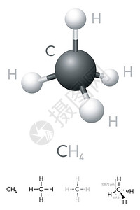 碳化物甲烷CH4分子模型和化学式化学合成物沼气天然气球棒模型几何结构和结构公式白色背景上插画