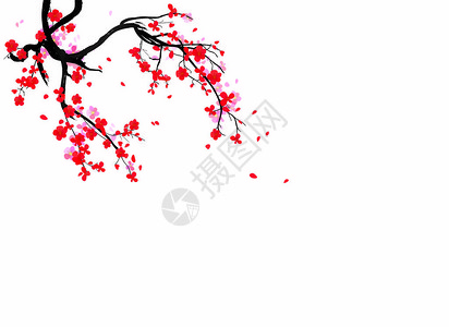 水彩樱花框架背景与开花樱桃树枝手背景图片