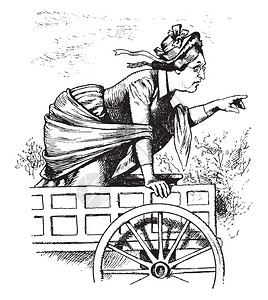 一名骑车指着某事的妇女用古老的线条绘图片