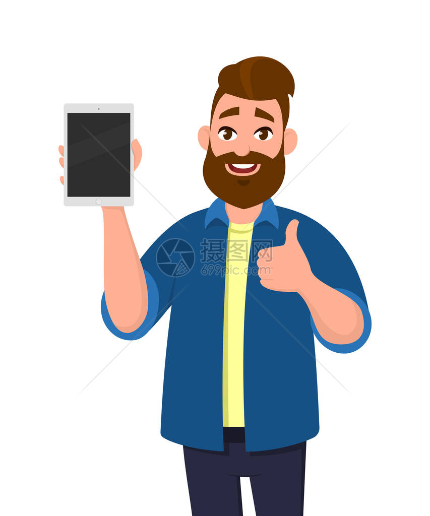 快乐和成功的男子展示平板电脑和拇指或标志卡通风格的矢量插图片