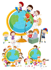 一套儿童和地球仪插图图片