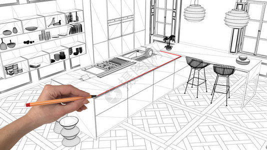 内地设计项目概念手绘定制结构黑白墨画草图展示与岛屿一起现代厨房图片