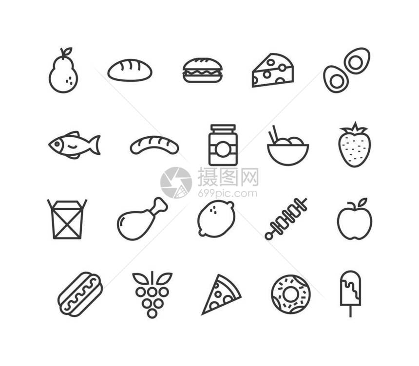 简易的食物和水果相关矢量线图标集可编辑的斯特罗克48x4图片