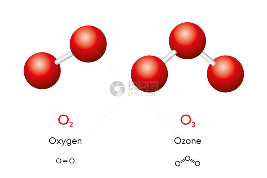 氧气O2和臭氧O3分子模型和化学公式双氧和三氧气体球棒模型几何结构和结构公式白色背景上图片