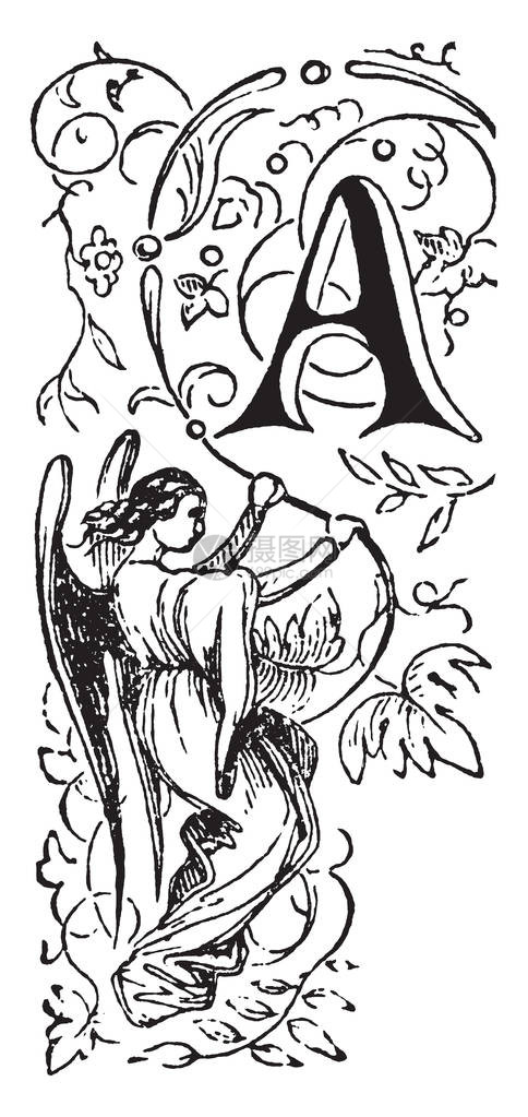 装饰字母AA一个天使在下面拿着葡萄藤古老的线条图图片