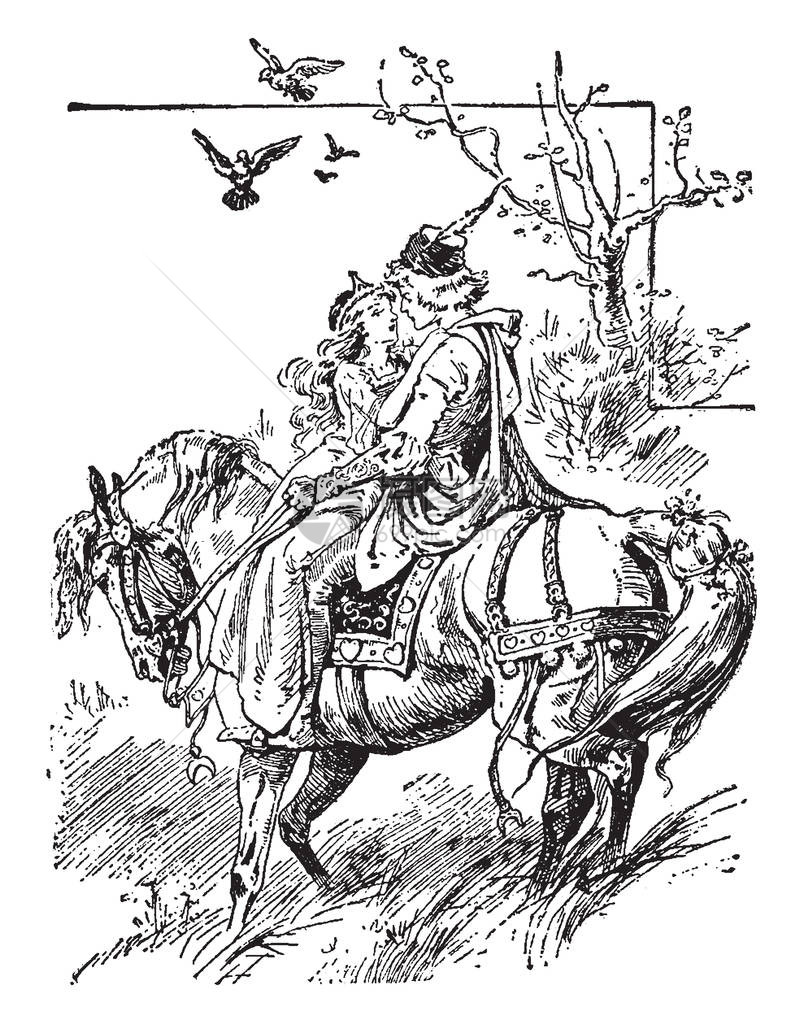 这个场景展示了一个女孩和王子一起骑马图片