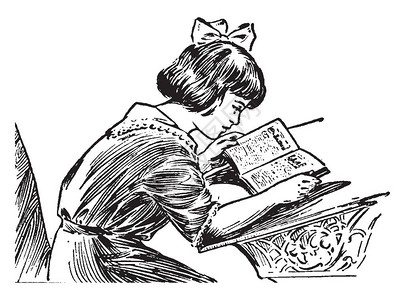 女孩女童阅读斜眼古老的线条图背景图片
