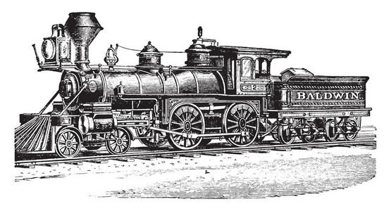 Baldwin发动机工程是美国铁路火车头旧线图画或雕刻图片