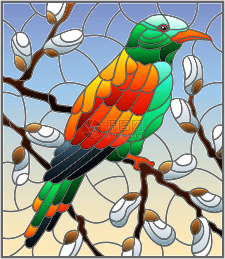 彩色玻璃风格的插图在天空的柳枝上有图片