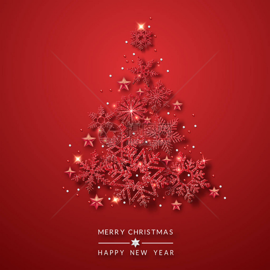 圣诞树背景与闪亮的红色雪花星和球红色背景上的圣诞快乐图片