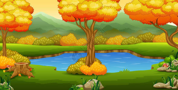 秋天的风景与河流和树木图片
