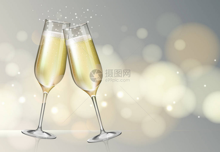 以模糊的假日银色闪亮背景展示香槟玻璃的现图片