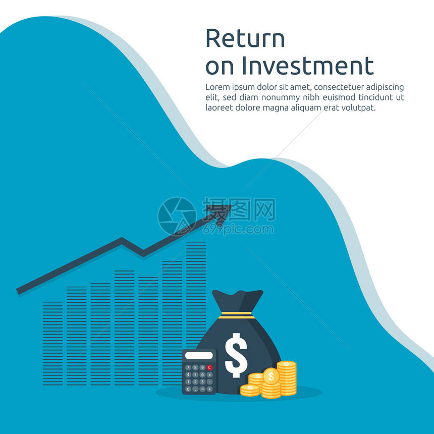 投资回报率概念成功的业务增长箭头美元堆栈硬币和钱袋子图表增加利润金融伸展上升横幅平图片