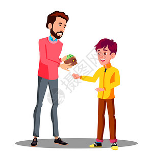 小气父亲把钱从他的钱包里给他的儿子矢量图插图插画