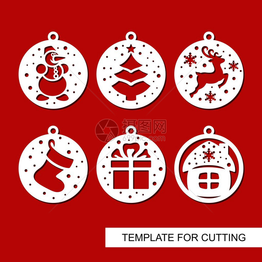 一套圣诞装饰品圣诞树雪人鹿礼物袜子和房子的球激光切割木雕剪纸和印刷的模板图片