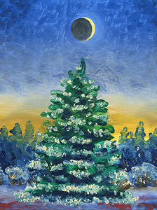 圣诞贺卡油画和数字技术在森林的背景上覆盖着雪的圣诞树傍晚图片