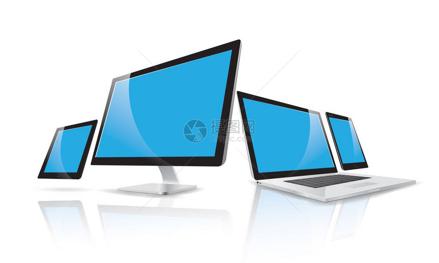笔记本电脑电脑智能手机平板电脑空白蓝色数字显示器屏幕小工具模拟板的矢量图解图片