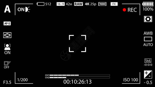 无反光镜用设置模板聚焦屏幕的现代数码摄像机黑色视觉显示器无镜DSLR或相机电话摄影机录制插画