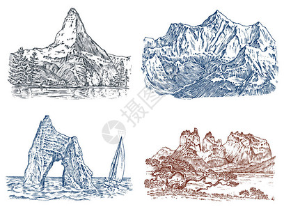 道卢特山峰复古的珠穆朗玛峰和马特洪峰古老的手绘素描或雕刻风格插画