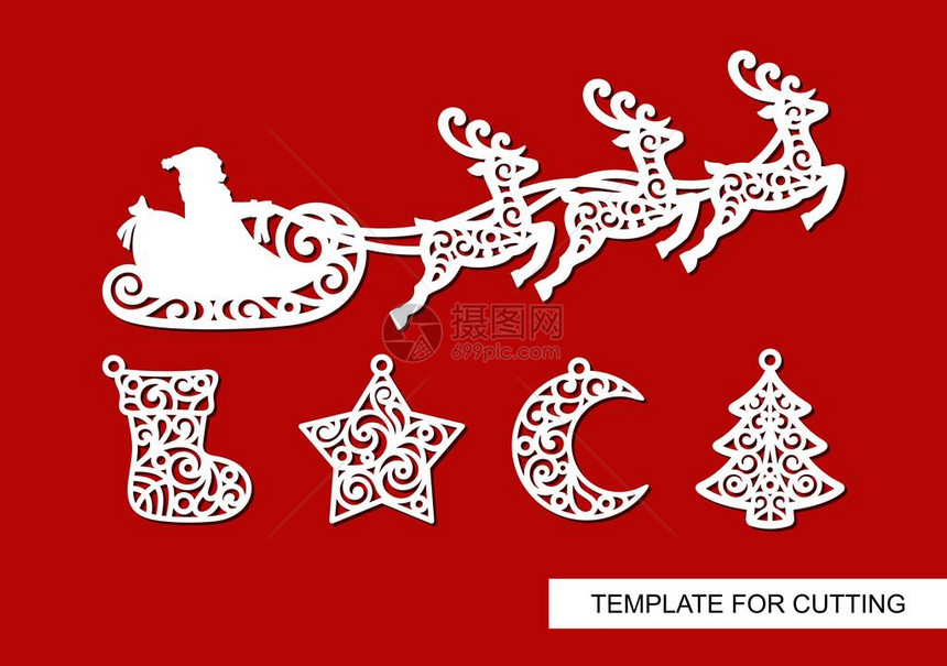 一套圣诞装饰圣诞老人与驯鹿袜子星新月和树一起乘坐雪橇飞行的剪影用于激光切割木雕剪纸或印刷的冬图片