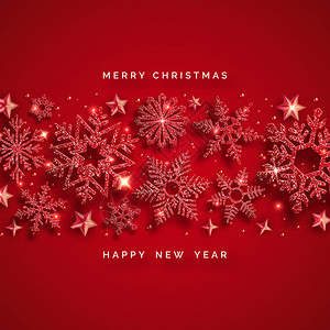 圣诞背景与闪亮的红色雪花球和星红色背景上的圣诞快乐和新年矢量卡片插图闪发光的红色雪花背景图片