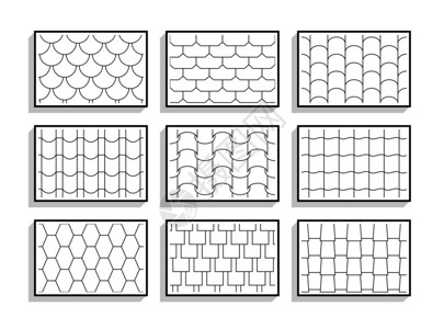 一套无缝屋顶瓦片纹理建筑材料的黑色和白色图背景图片