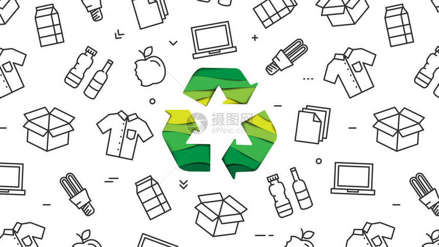 回收标志剪纸风格与可回收产品矢量图图片