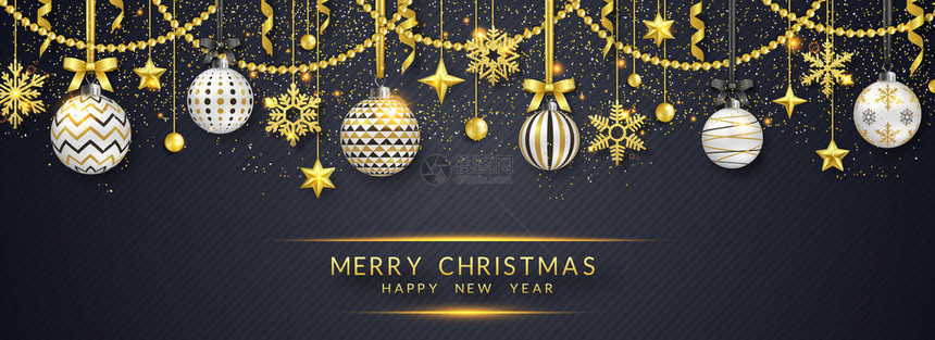 圣诞横幅与闪亮的雪花蝴蝶结星和五颜六色的球黑色背景上的新年和图片